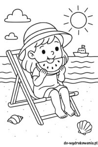 Kolorowanka dziewczynka na plaży je arbuza do wydrukowania w formacie pdf