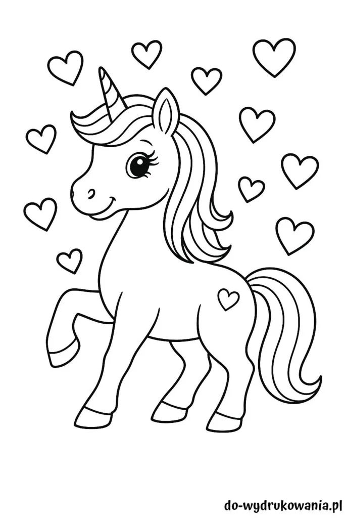 kolorowanka jednorożec i serca do wydrukowania w formacie pdf