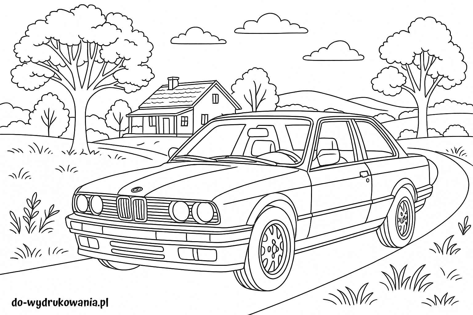 Kolorowanka BMW E30 na wsi do wydrukowania w formacie pdf