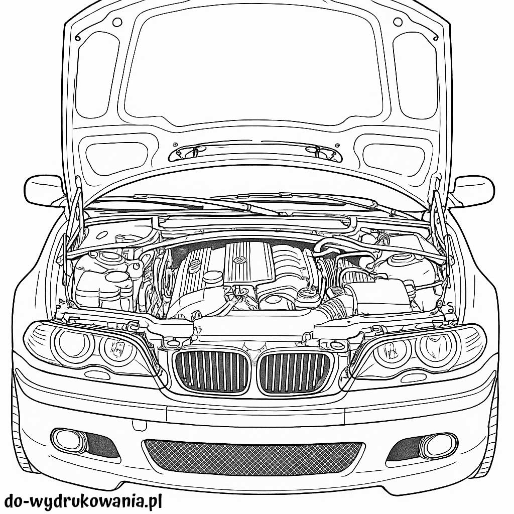 Kolorowanka BMW E46 pod maską do wydrukowania w formacie pdf