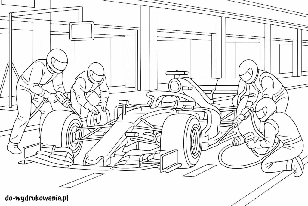 kolorowanka formuła 1 pitstop do wydrukowania w formacie pdf