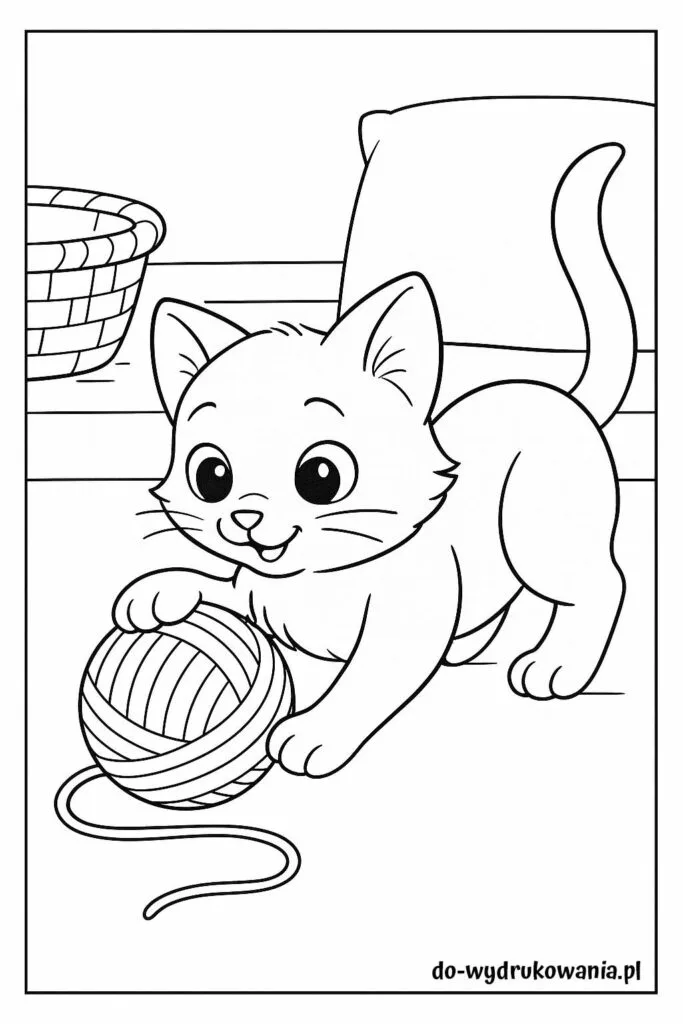 kolorowanka kotek z włóczką do wydrukowania w formacie pdf