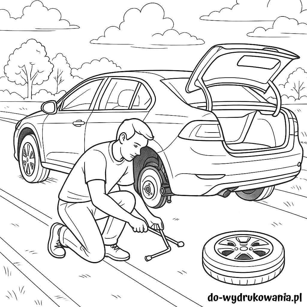kolorowanka popsute auto przy drodze