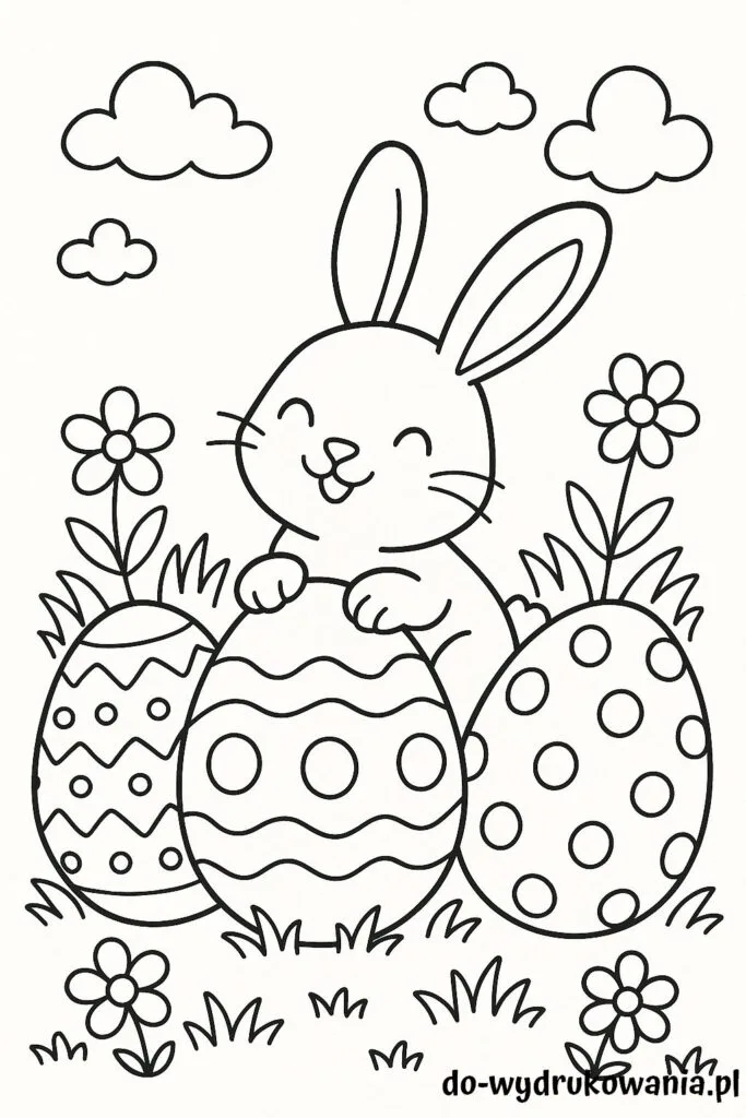 Kolorowanka króliczek wielkanocny z jajkami do wydrukowania w formacie pdf