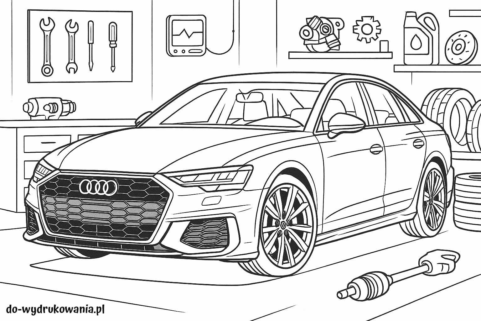 kolorowanka audi na warsztacie do wydrukowania w formacie pdf