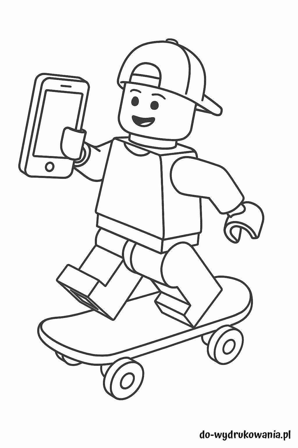 kolorowanka chłopiec lego z telefonem na deskorolce do wydrukowania w formacie pdf