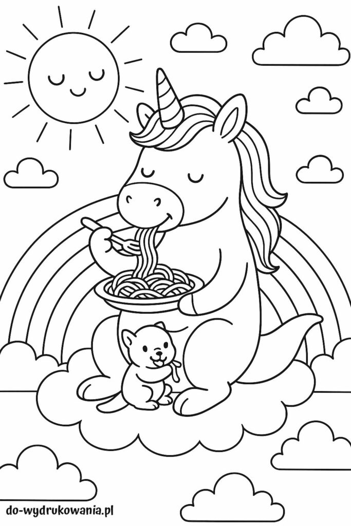 kolorowanka jednorożec je spaghetti do wydrukowania w formacie pdf