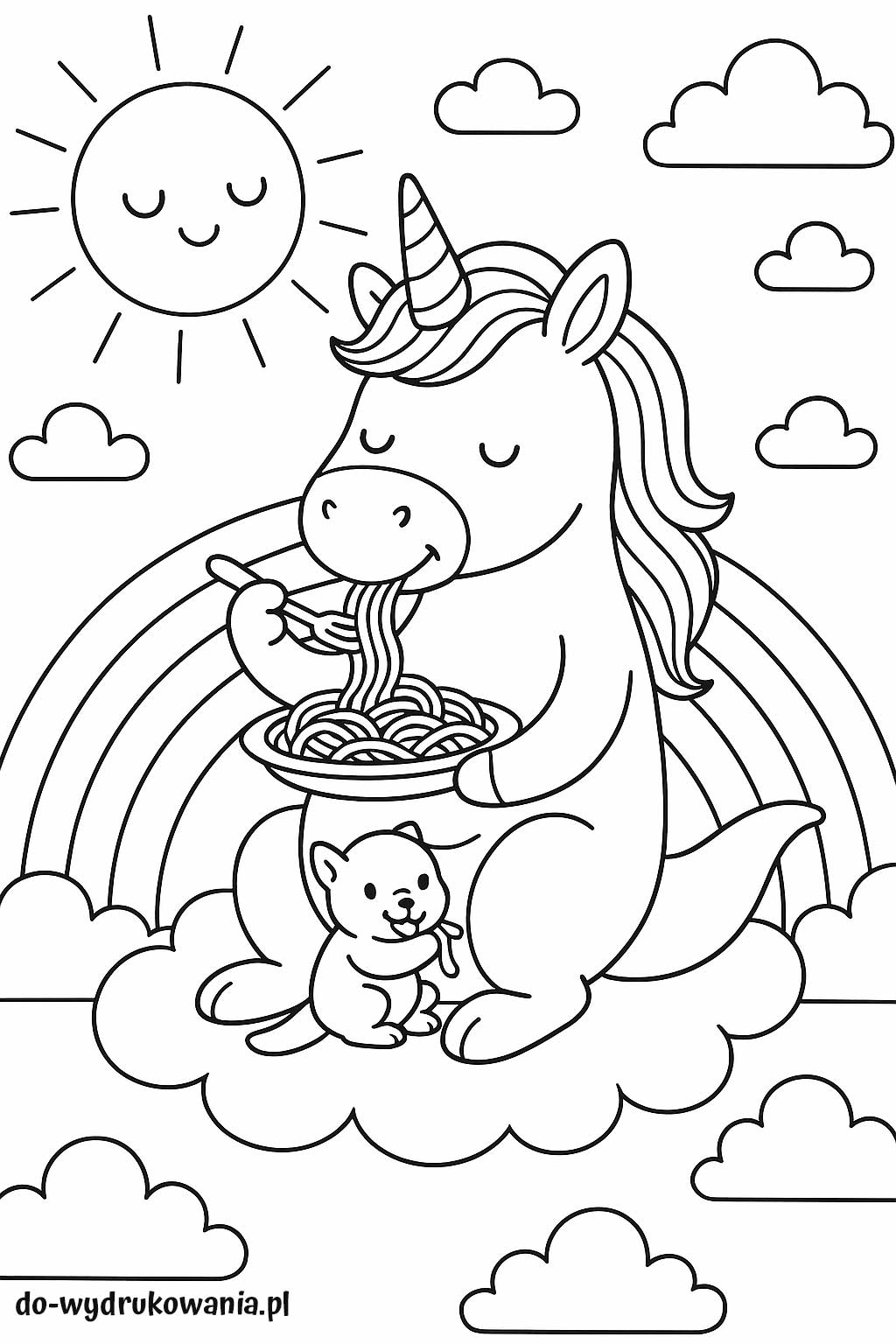 kolorowanka jednorożec je spaghetti do wydrukowania w formacie pdf