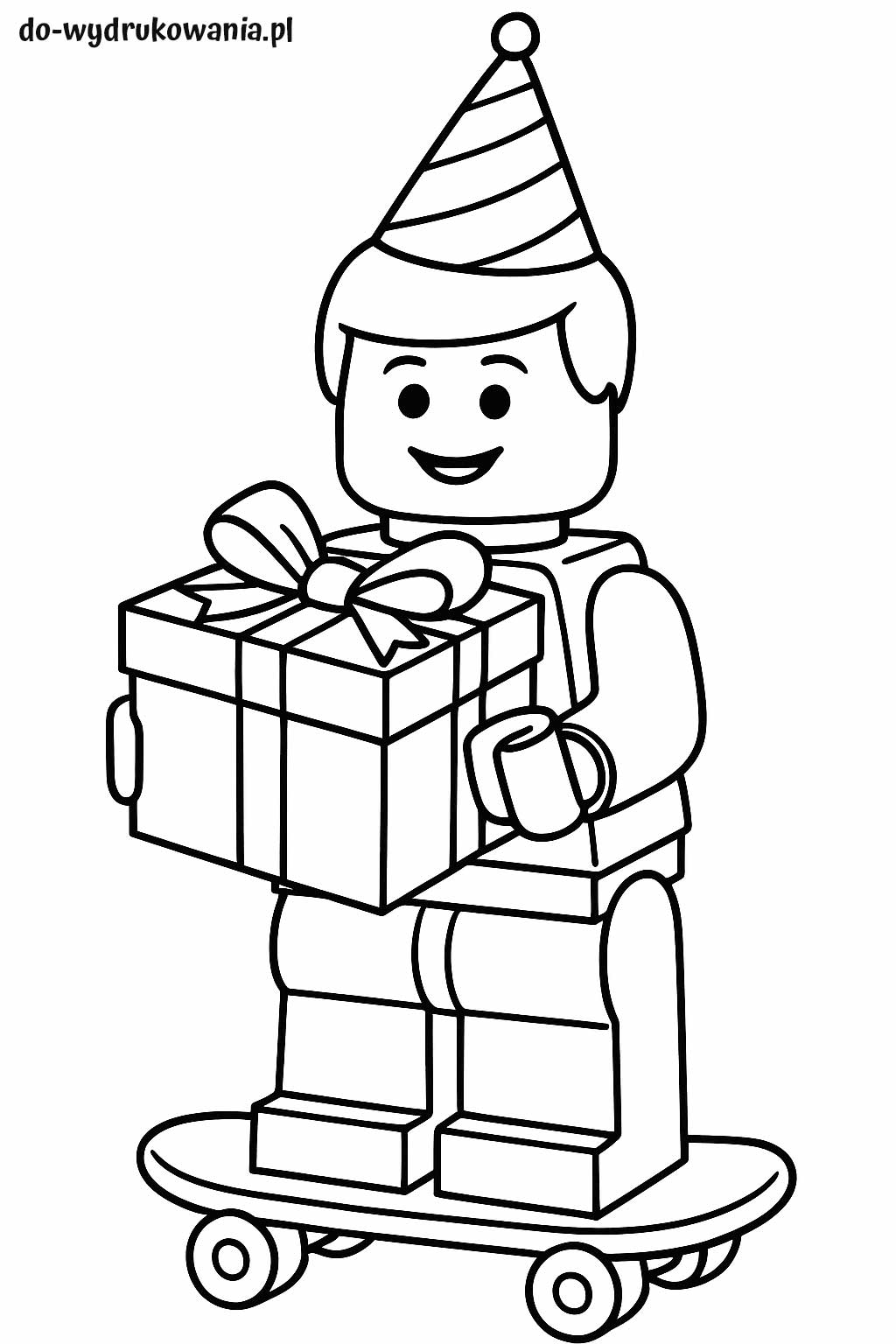 kolorowanka ludzik lego z prezentem na deskorolce do wydrukowania w formacie pdf