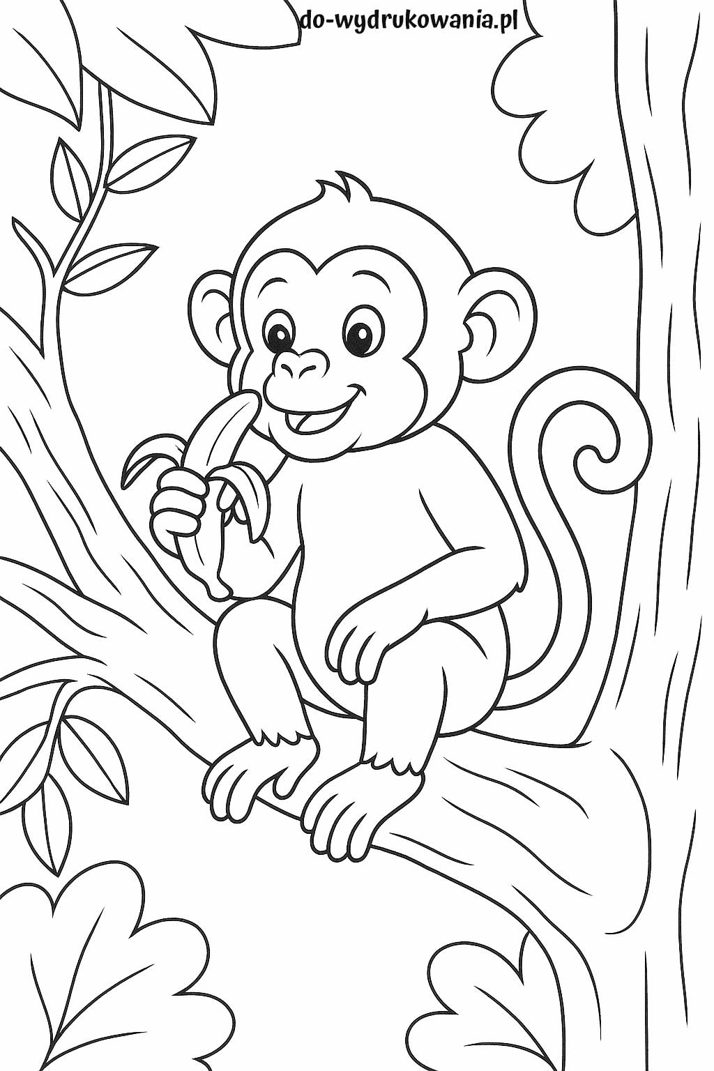 kolorowanka małpka je banana do wydrukowania w formacie pdf