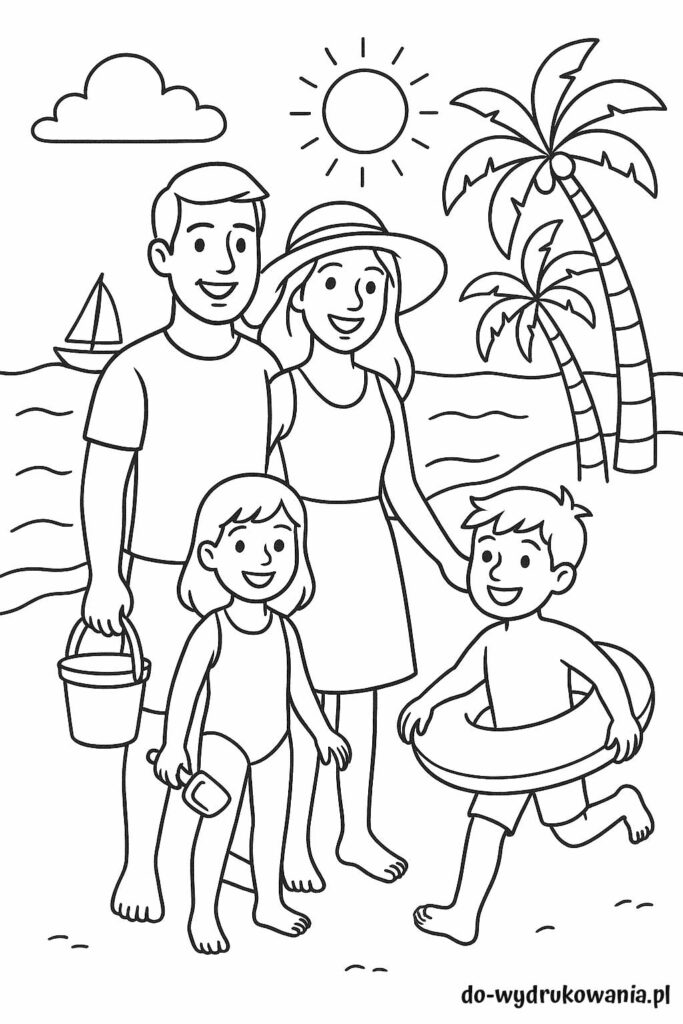kolorowanka rodzina na plaży do wydrukowania w formacie pdf