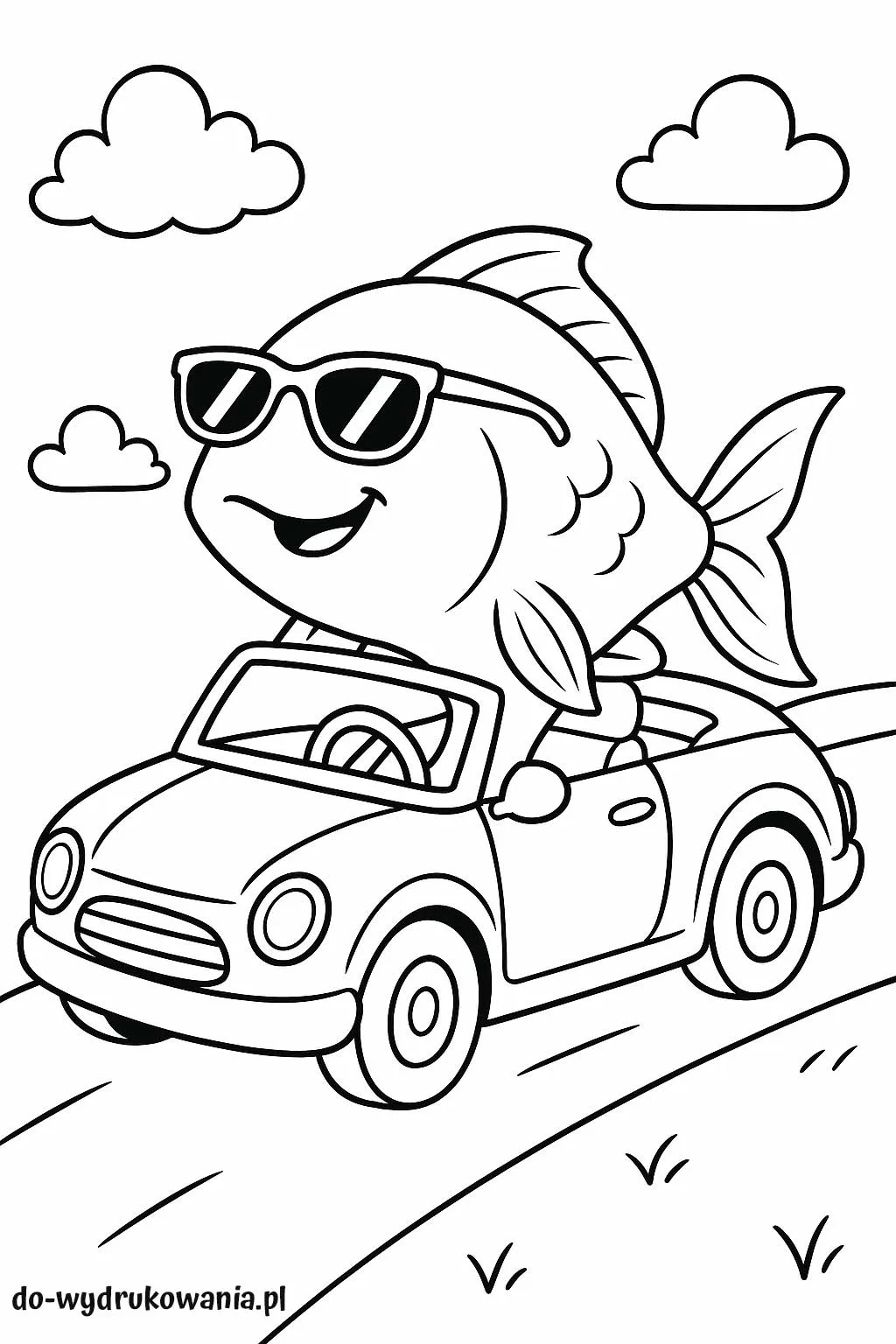 kolorowanka wesoła rybka w aucie do wydrukowania w formacie pdf