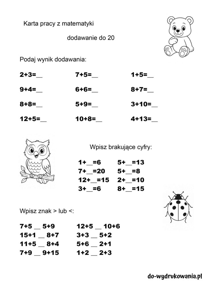 Karta pracy dodawanie do 20 do wydrukowania do wydrukowania w formacie pdf