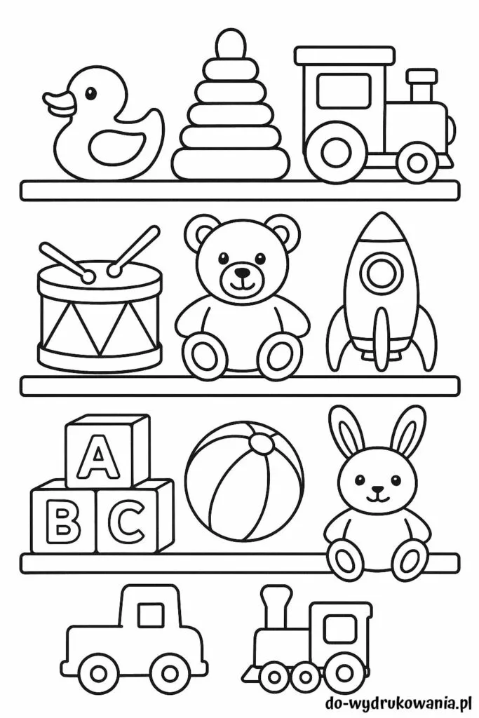 kolorowanka półki z zabawkami do wydrukowania w formacie pdf