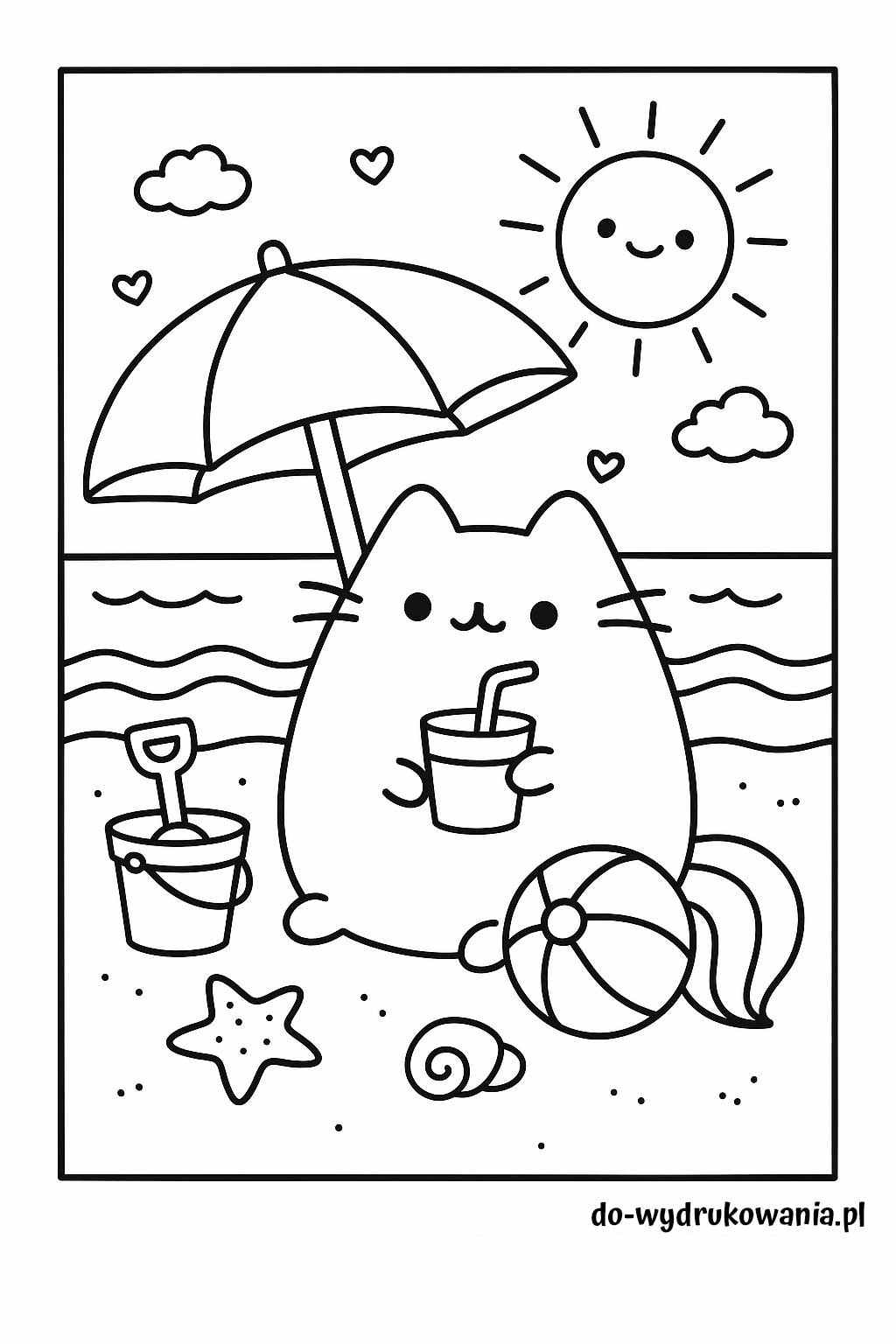 kolorowanka pusheen na plaży do wydrukowania w formacie pdf