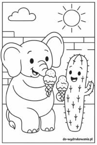 kolorowanka słonik i kaktus jedzą lody do wydrukowania w formacie pdf