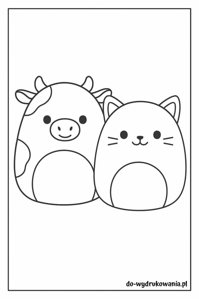 kolorowanka squishmallows krowa i kotek do wydrukowania w formacie pdf