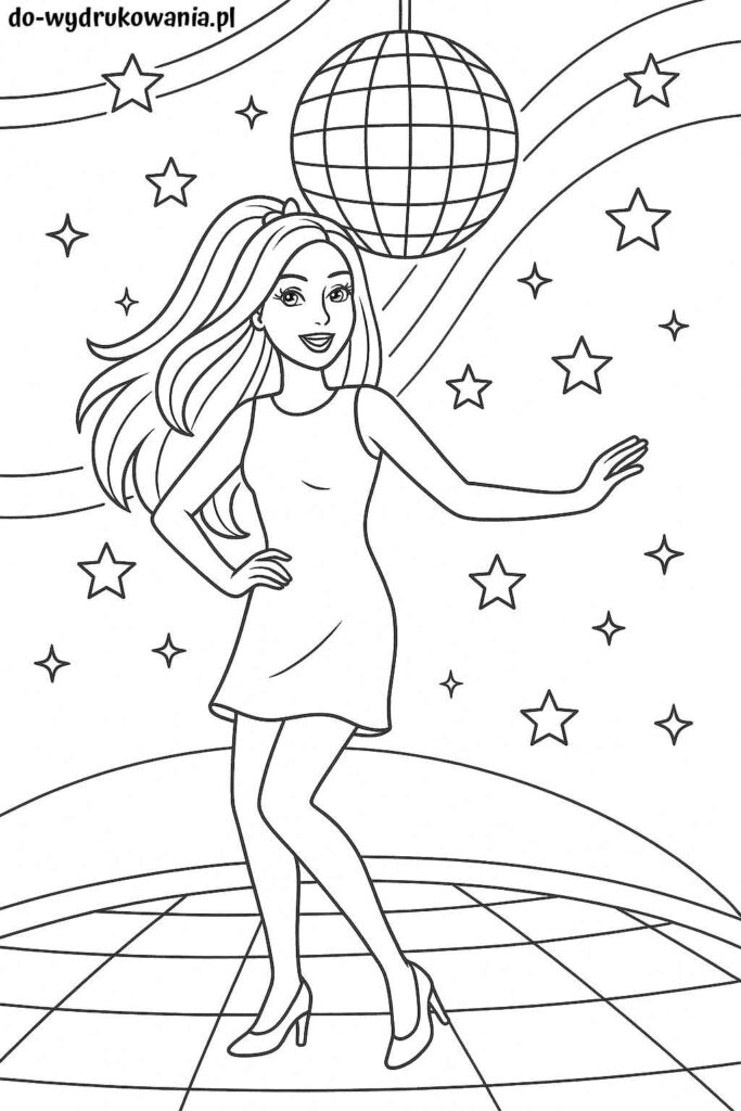 Kolorowanka Barbie na dyskotece do wydrukowania w formacie pdf