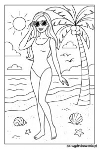 Kolorowanka Barbie na plaży do wydrukowania w formacie pdf