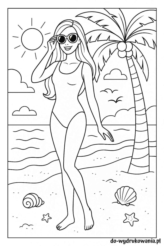 Kolorowanka Barbie na plaży do wydrukowania w formacie pdf