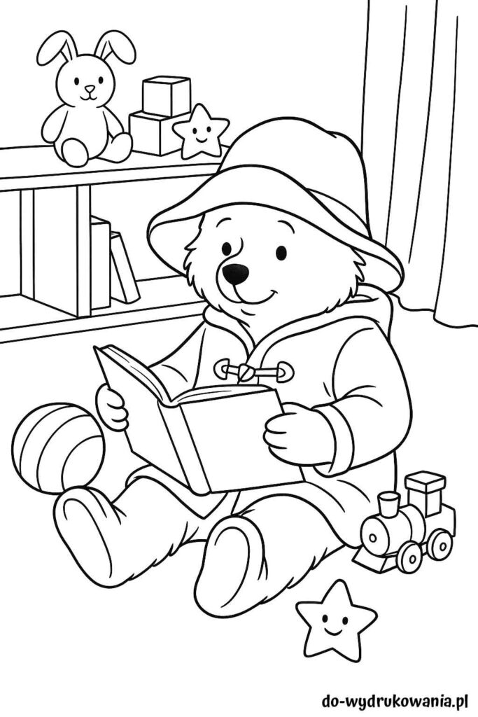 Kolorowanka Miś Paddington czyta książkę do wydrukowania w formacie pdf