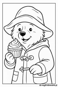 Kolorowanka Miś Paddington je babeczkę do wydrukowania w formacie pdf