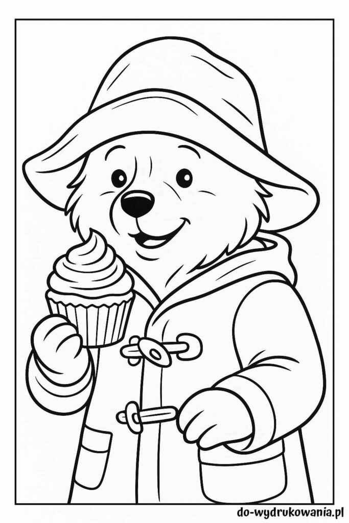 Kolorowanka Miś Paddington je babeczkę do wydrukowania w formacie pdf