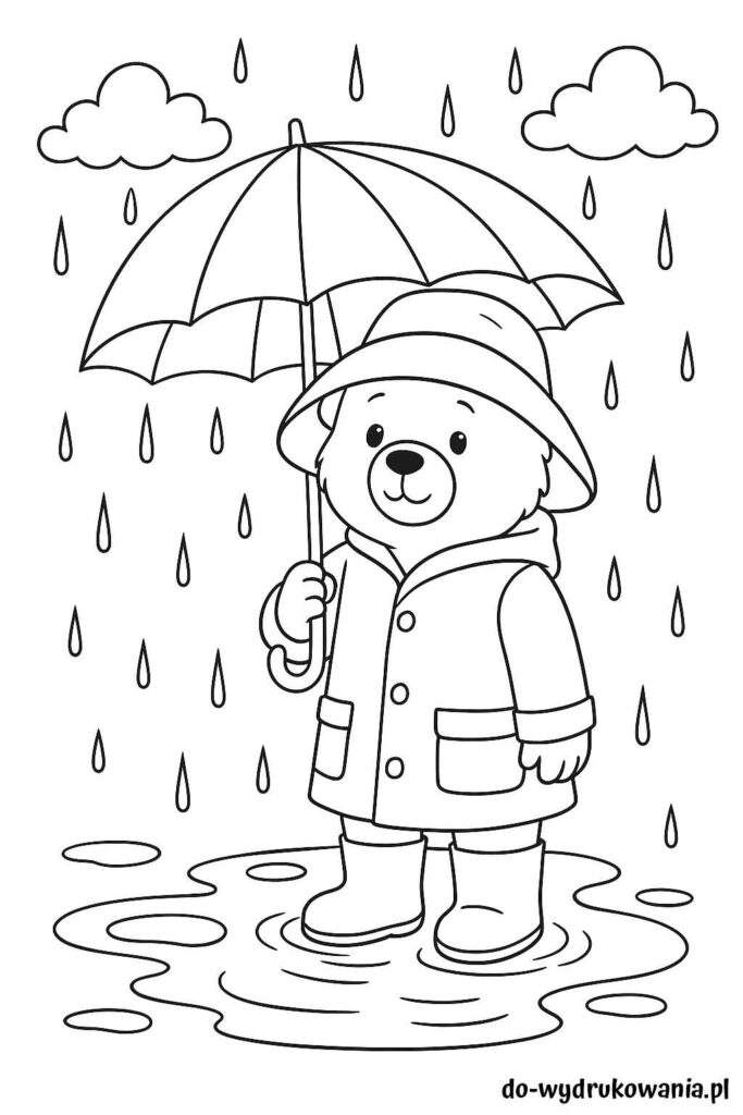 Kolorowanka Miś Paddington w deszczu do wydrukowania w formacie pdf