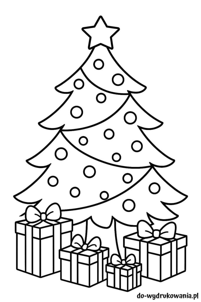 Kolorowanka choinka z prezentami do wydrukowania w formacie pdf