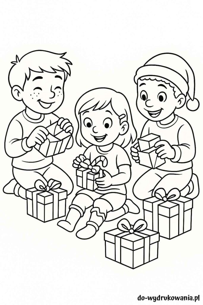 Kolorowanka dzieci otwierają prezenty do wydrukowania w formacie pdf