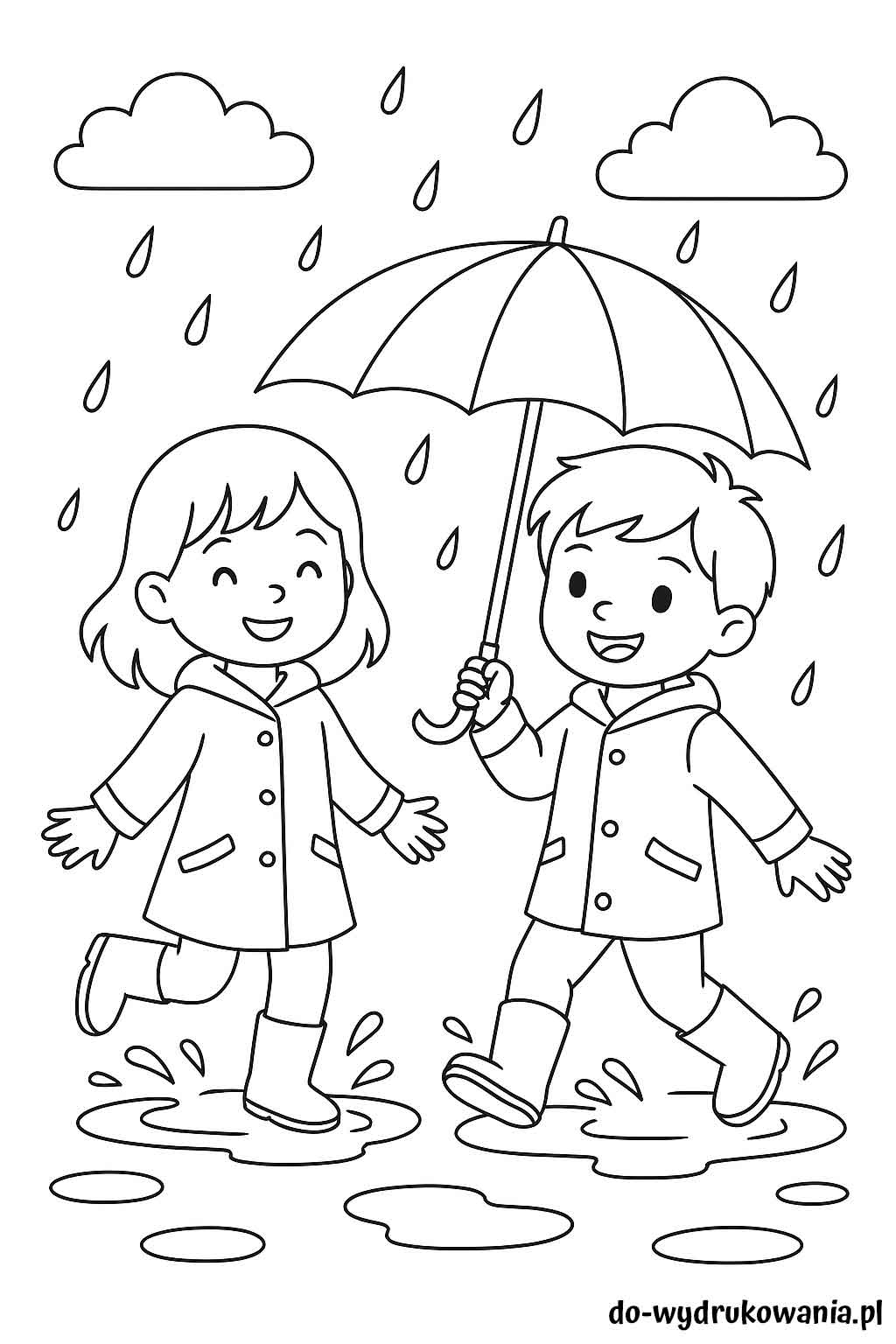 Kolorowanka dzieci w deszczu do wydrukowania w formacie pdf