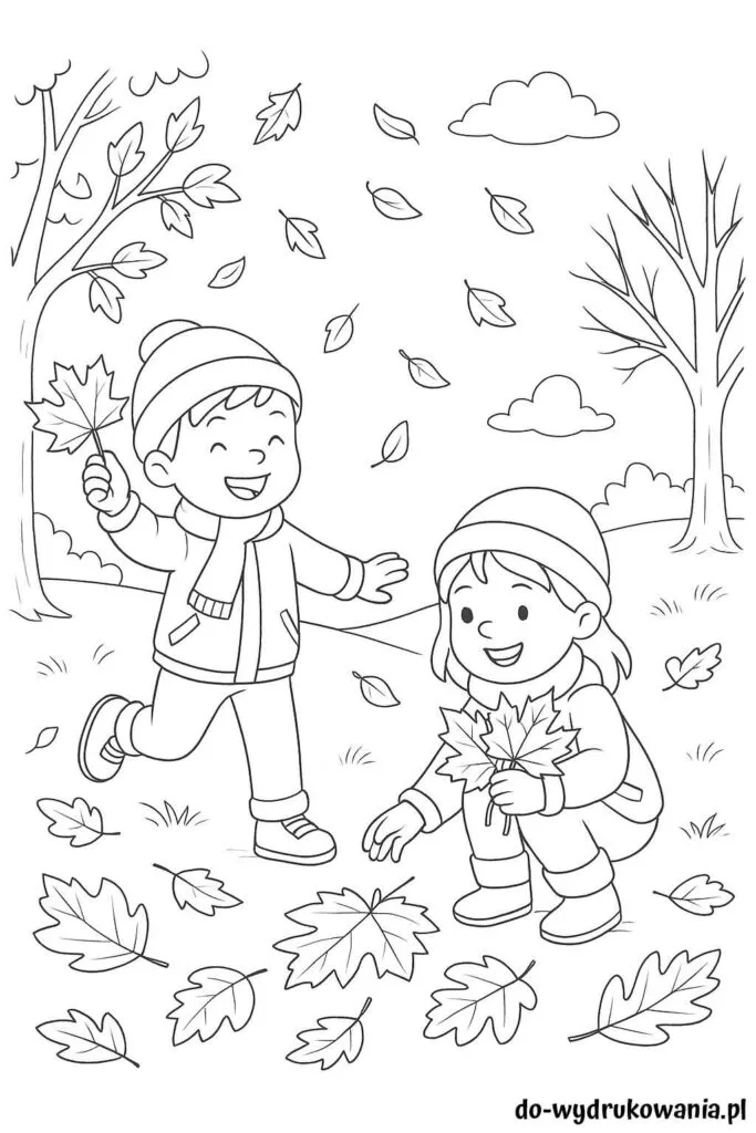 Kolorowanka dzieci zbierają liście do wydrukowania w formacie pdf