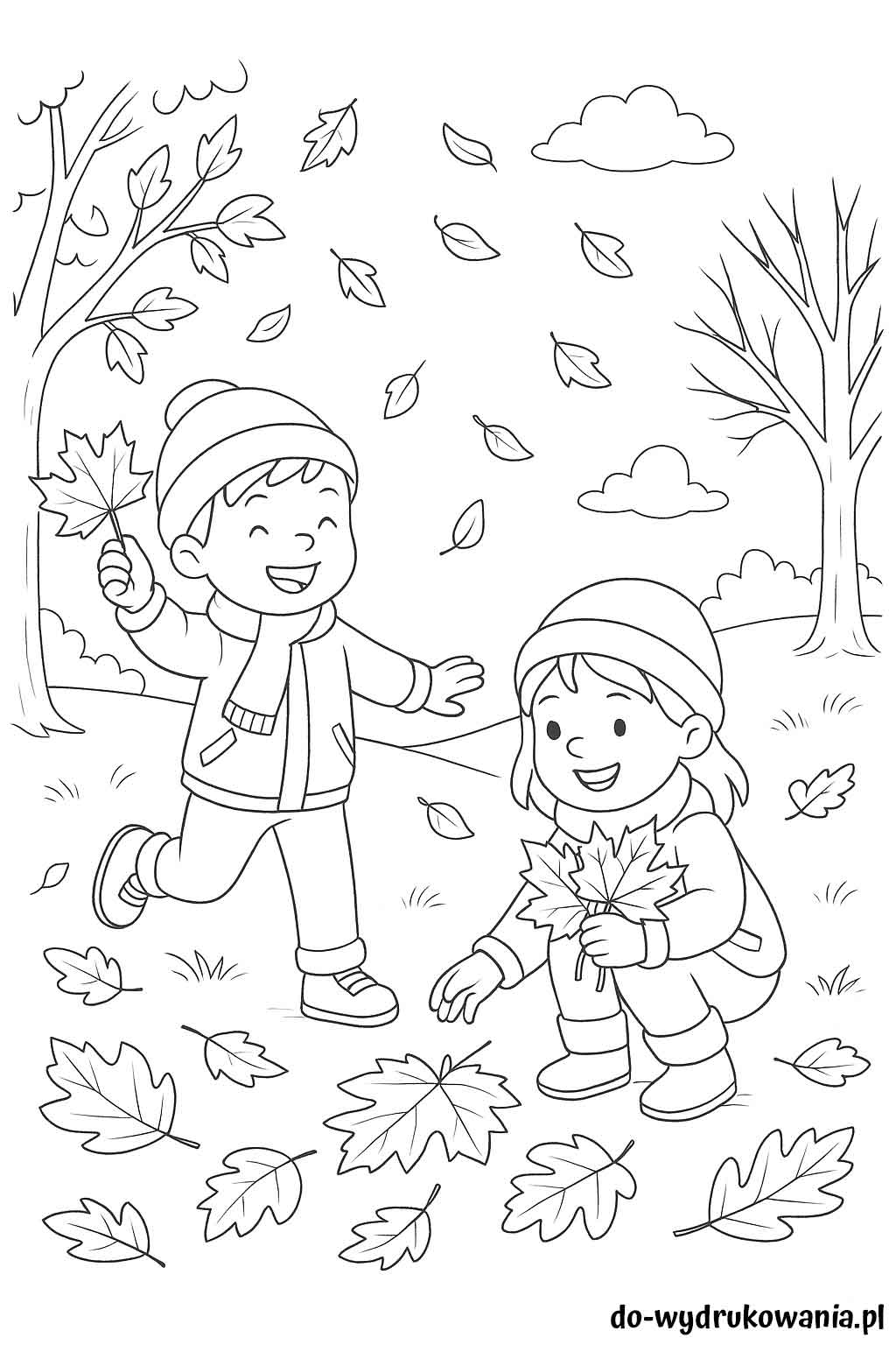 Kolorowanka dzieci zbierają liście do wydrukowania w formacie pdf