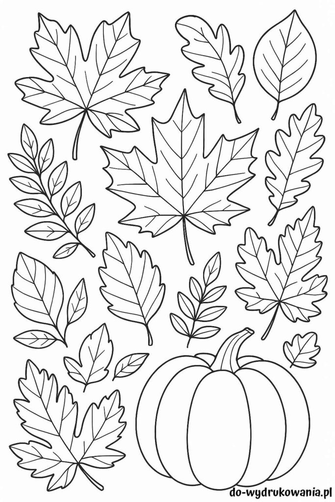Kolorowanka jesienne liście i dynia do wydrukowania w formacie pdf