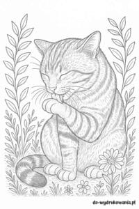 Kolorowanka kotek liże łapkę do wydrukowania w formacie pdf