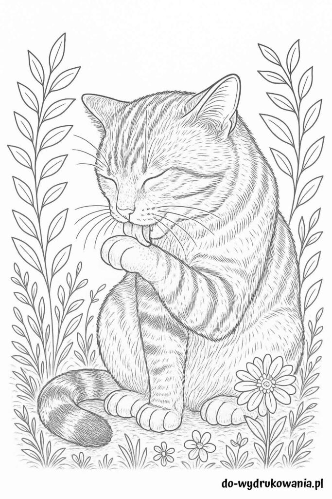 Kolorowanka kotek liże łapkę do wydrukowania w formacie pdf