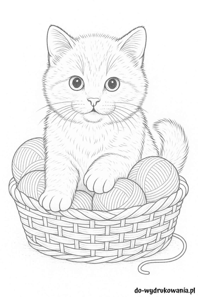 Kolorowanka kotek w koszu z wełną do wydrukowania w formacie pdf