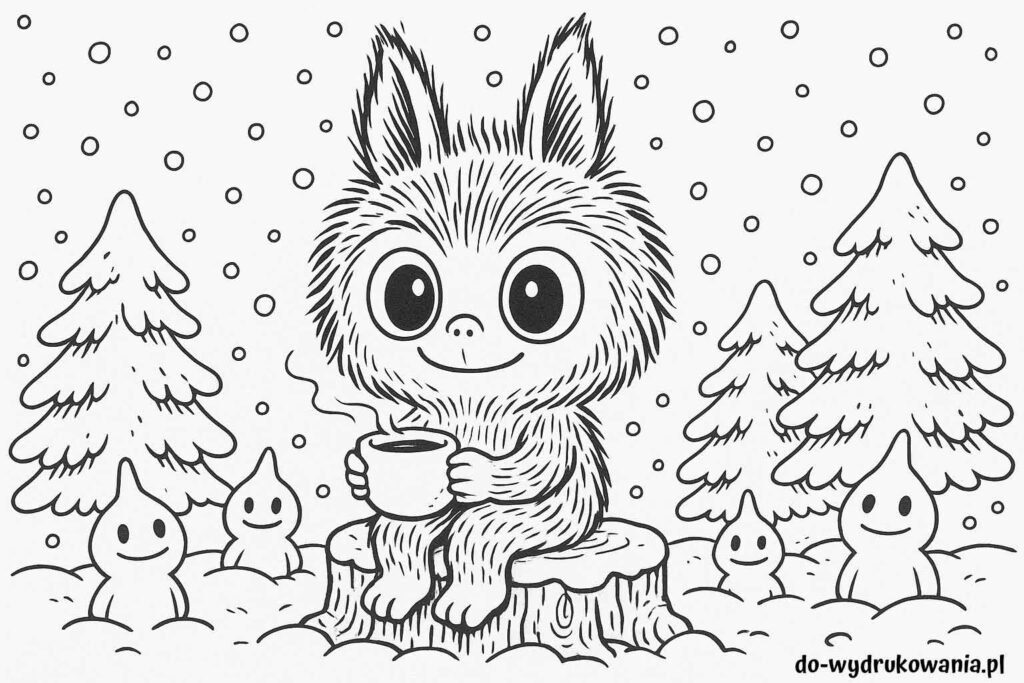 Kolorowanka labubu z kubkiem gorącej czekolady do wydrukowania w formacie pdf
