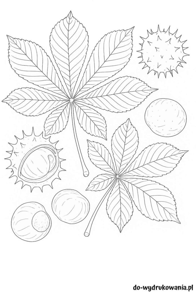 Kolorowanka liście kasztanowca i kasztany do wydrukowania w formacie pdf
