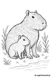 Kolorowanka mama kapibara z dzieckiem do wydrukowania w formacie pdf