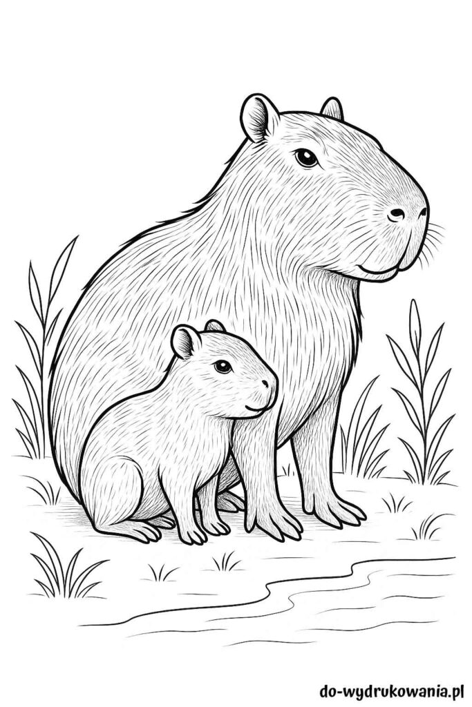 Kolorowanka mama kapibara z dzieckiem do wydrukowania w formacie pdf