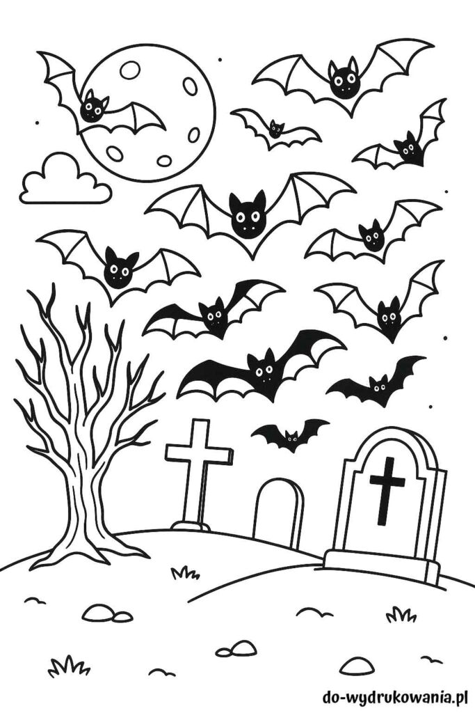 Kolorowanka nietoperze na cmentarzu do wydrukowania w formacie pdf