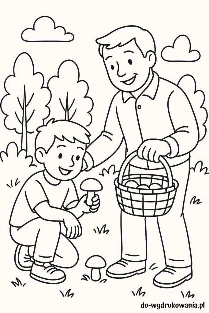 Kolorowanka tata i syn na grzybach do wydrukowania w formacie pdf