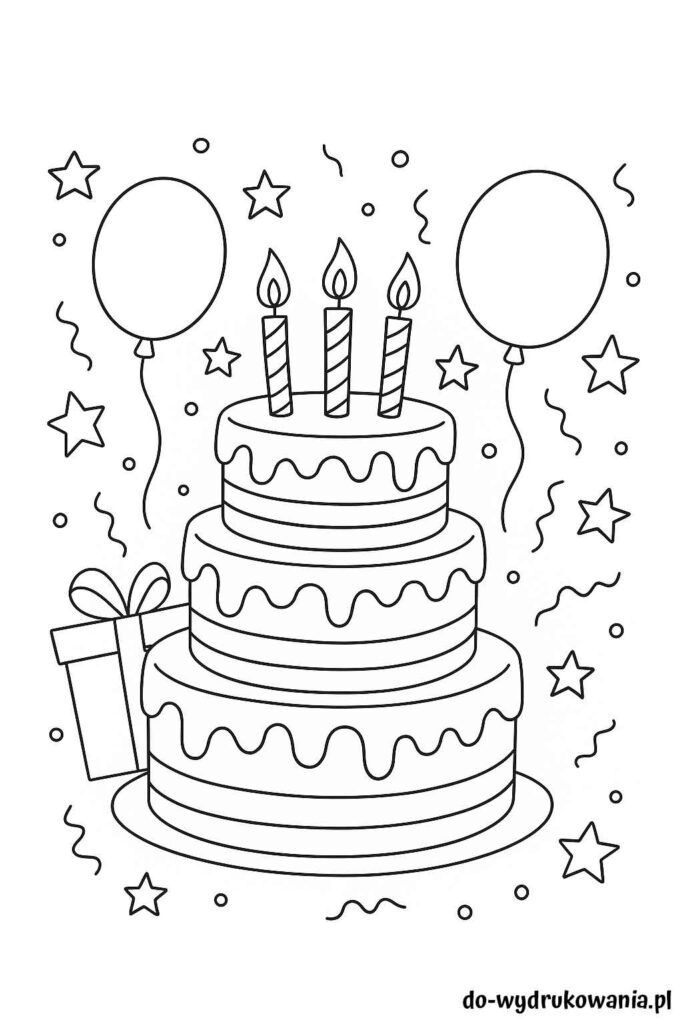 Kolorowanka tort urodzinowy do wydrukowania w formacie pdf