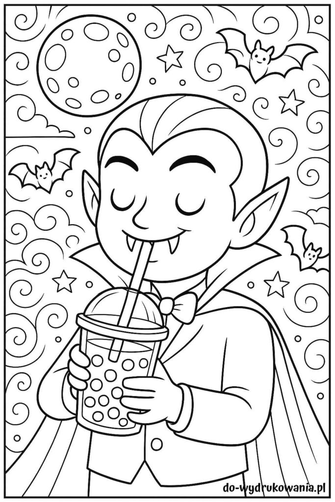 Kolorowanka wampir pijący bubble tea do wydrukowania w formacie pdf