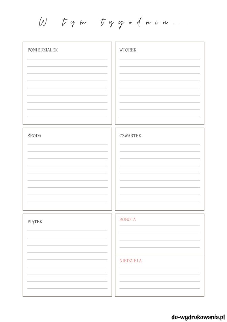 Planner tygodniowy nr 2 do wydrukowania w formacie pdf