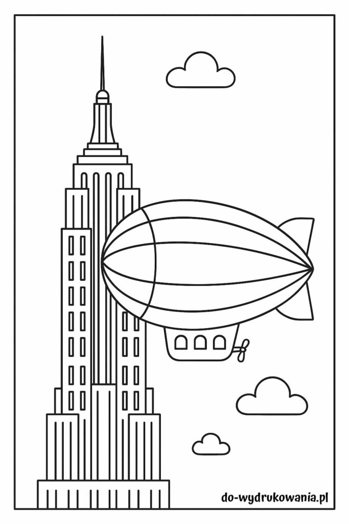 kolorowanka sterowiec i wieża do wydrukowania w formacie pdf