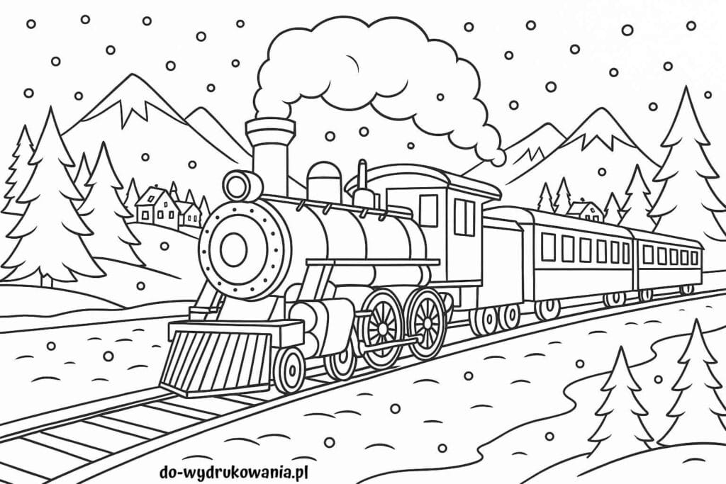 Kolorowanka ciuchcia w zimie do wydrukowania w formacie pdf