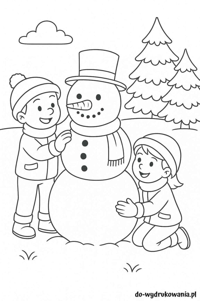Kolorowanka dzieci lepią bałwana do wydrukowania w formacie pdf