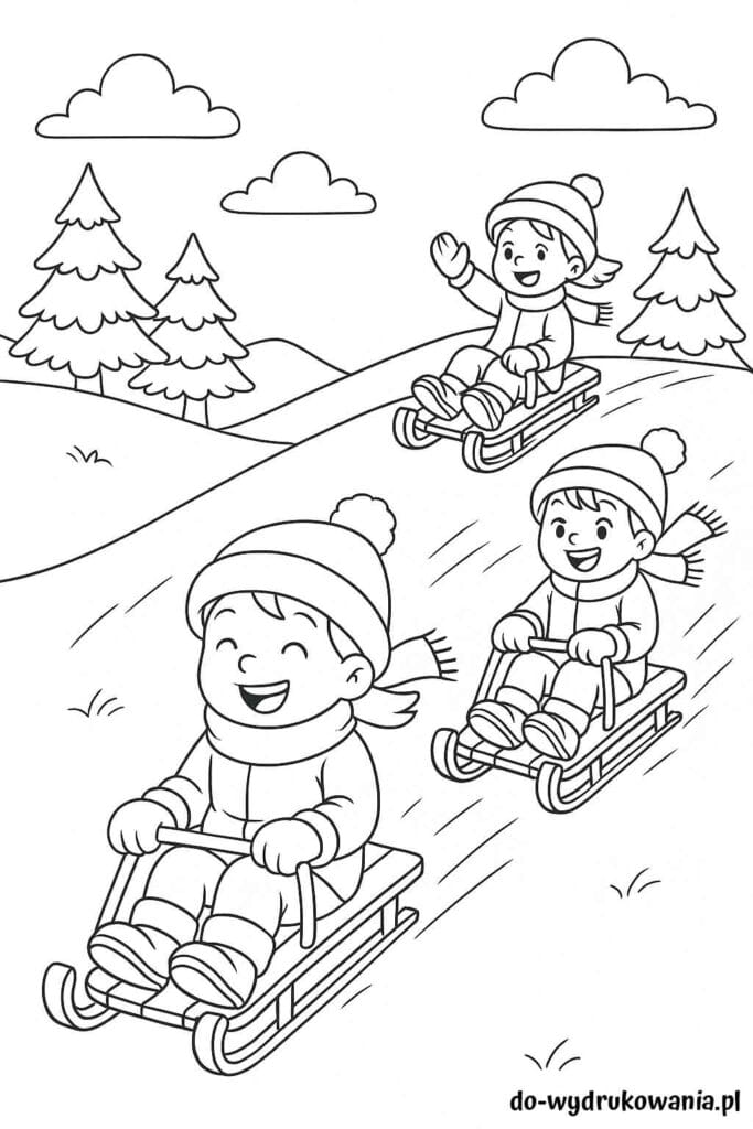 Kolorowanka dzieci zjeżdżają na sankach do wydrukowania w formacie pdf